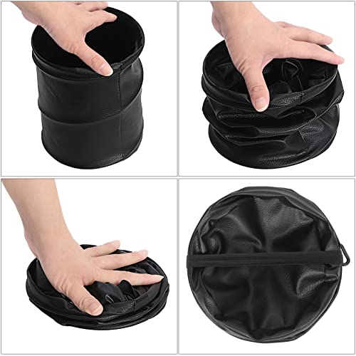 Image of Homelove Collapsible Pop Up PU Leather Trash Can, Portable Leak-Proof Waterproof Car Trash Bin, Multifunctional Organizer Trashcan Storage Bag with Hanging Elastic Strap Loop, Black