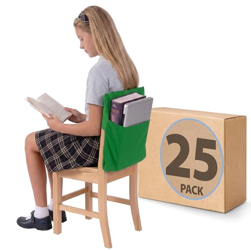 Image of Seat Sack Student Chair Storage Pocket - 17 inch, Single Pocket, Classroom Chair Organizer for Student Desks, Durable Over-the-Chair Storage, Ready-to-Use Name Tag Window, Green, 25-Pack