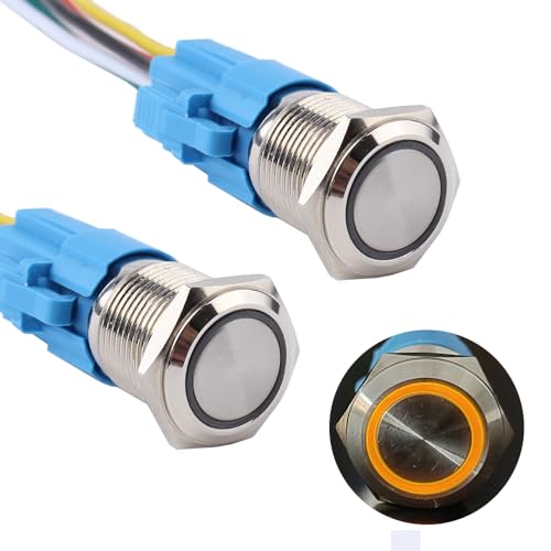Image of 2pcs 16mm Metal Waterproof Anti-Vandal Latching (Self-Locking) Push Button Switch Plug Cord with Socket, 12-24V 1NO1NC ON-Off Orange LED Halo Ring Symbol for Truck, Motor, Household