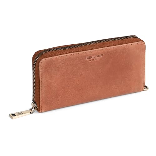 Image of BERLINER BAGS Genuine Leather Zip Wallet Women Lyon, Gift Box - Brown | Soft Leather Zip Around Wallet, Fits up to Phone 6.9 inch, 15 Card Slots, 1 ID Window, 3 Bill Slots, 1 Coin Pocket, RFID Blocking