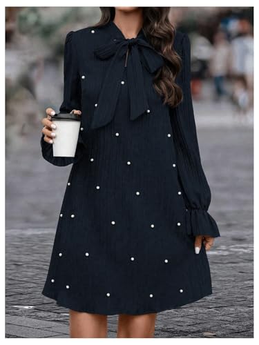 Image of WDIRARA Women's Pearl Decor Flare Long Sleeve Mini Dress Bow Tie Front Dress