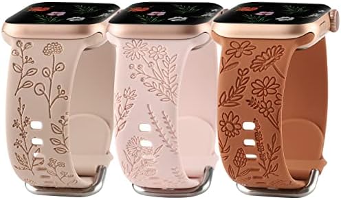 Floral Engraved Sport Bands Compatible with Apple Watch Band 38mm 40mm 41mm, Women Cute Flower Pattern Soft Silicone Strap Smartwatch Wristband Accessories for iWatch Series 7 6 5 4 3 2 1 SE (38/40/41mm, Walnut Brown Brown Meat Meal)