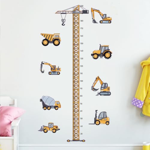 Medidor Niños Pared, Vinilos Decorativos Altura Niños, Pegatinas Infantiles Pared, Diseño de Vehículo de Construcción, Decoracion Habitacion Bebe para Niño y Niña (20 200cm)