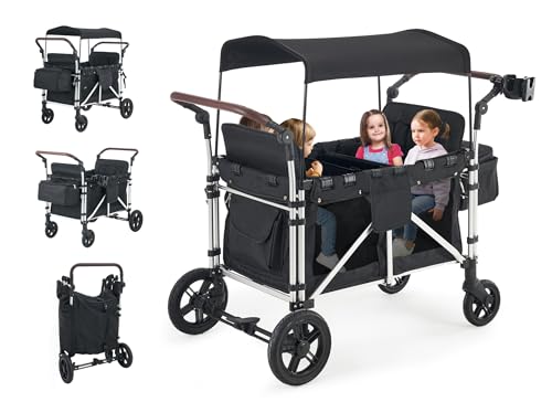 Image of Stroller Wagon for 4 Kids, Wagon Cart Featuring 4 High Seat with 5-Point Harnesses and Adjustable Canopy, Foldable Double Push Bar Wagon Stroller for Garden, Stroller, Camping (Black-G)