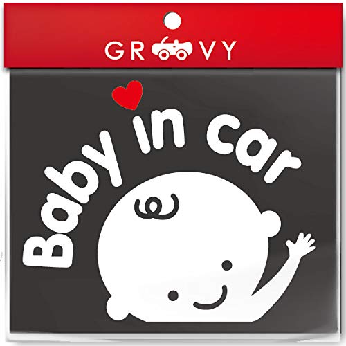 赤ちゃん 乗ってます baby in car 車 シール 手を振る男の子 ハート kids in car おしゃれ かわいい ステッカー_004 (ホワイト)