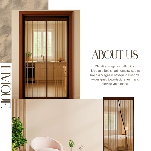 Image of Livique Mosquito Net for Doors with Magnet - Self-Closing - for All Door Types 7 feet - Includes Self-Adhesive Tape, Pins & Instruction - Protects Against Bugs and Flies - Polyester (Brown, 200x90cm)