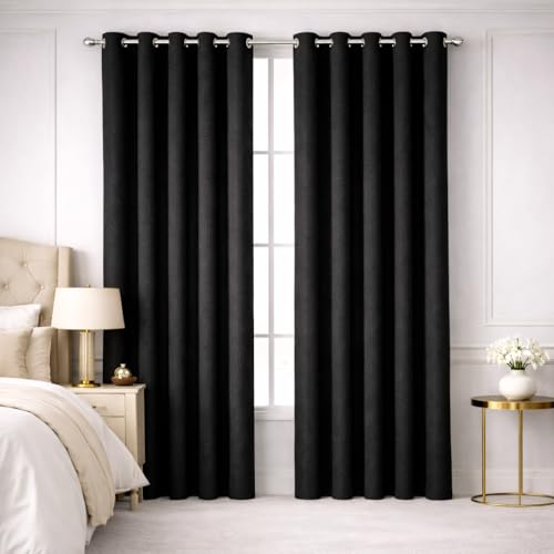 Bliss Casa Embossed Blackout Curtain Panels 140240 cm Thermal Insulated Noise Reducing Light & UV Blocking Grommet Drapes for Bedroom & Living Room (Black Blackout Curtains)