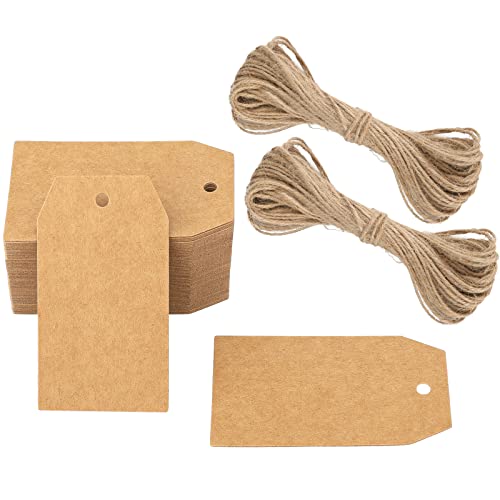 G2PLUS 100PCS Etichette Carta Kraft,Etichette Regalo,7x4CM Marrone Etichetta Kraft con 20M di Spago di Iuta per Regali di Compleanno,Matrimoni e fai da te