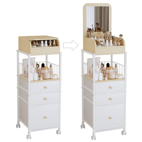 ZQUYAJ Makeup Organizer Cart with Vanity Mirror, Floor Skincare Organizers