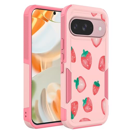 Ftonglogy for Google Pixel 9/9 Pro & 10/10 Pro Case: Cute Flowers Floral Design for Girls Women Slim Soft TPU Bumper Shockproof Silicone Cell Phone Cover (Pink Strawberry)