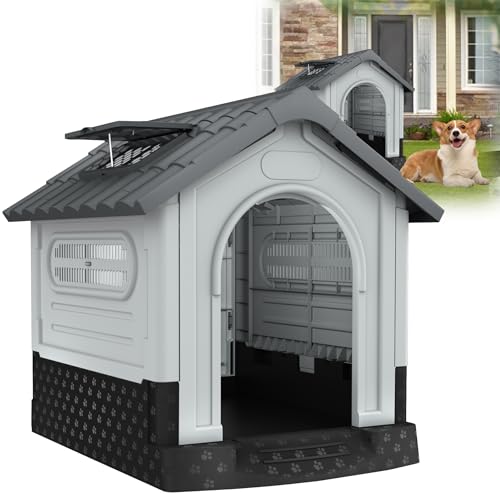 HENGMEI Hundehütte aus Kunststoff XL Haustierhaus Wasserabweisend 79.5×70.5×78cm Isoliert Hundezwinger Plastik mit erhöhtem Boden Schiebedach Katzenhaus Hundekäfig
