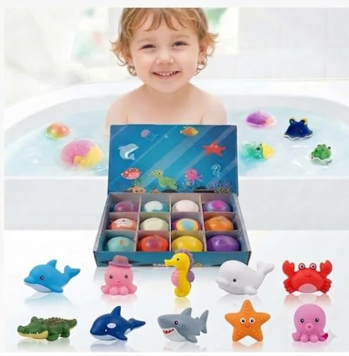 Kids Bath Bombs Gift Set with Hidden Surprises - 12 Pcs Organic Moisturizing Fizzy Bombs for Children Natural Sea Salt Color Changing Spa Bath Balls Skin-Friendly for Relaxing Bubble Bath