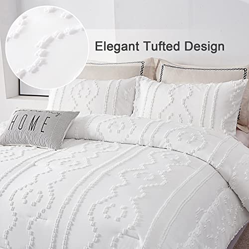 Luxudecor White Tufted Comforter Set King Size Boho Textured Comforter Shabby Chic Embroidery Bedding Set 3 Pieces Ultra Soft Comforter For All Seasons (White, 104''X90'') #TOP3