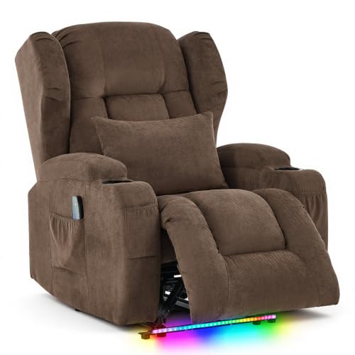 Image of Wall Hugger Power Recliner Chair, Overstuffed Home Theater Seating w /Heat Massage Electric Movie Gaming Sofa Reclining Sleeper Chair with LED Light /Lumbar Pillow /Cup Holders