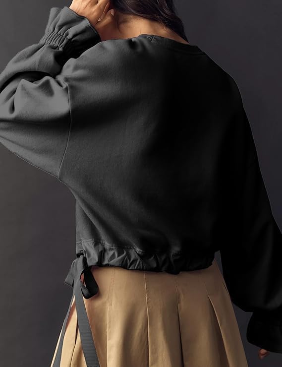 Women's Long Sleeve Sweatshirts Crewneck Casual Tops Oversized Drawstring Pullover Hem Ruffle Cuff Blouse - Image 4