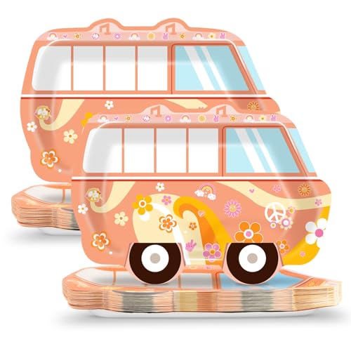 CHUNNIN 50Pcs Groovy Party Paper Plates Retro Hippie Bus Party Supplies 60s 70s Party Dinner Plates Groovy Hippie Peace Bus Disposable Plates for Retro Daisy Baby Shower Birthday Party Decorations