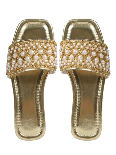 Image of GORGLITTER Women's Sparkly Jeweled Flat Sandals Dressy Open Toe Glitter Shiny Slippers Slip-on Shoes