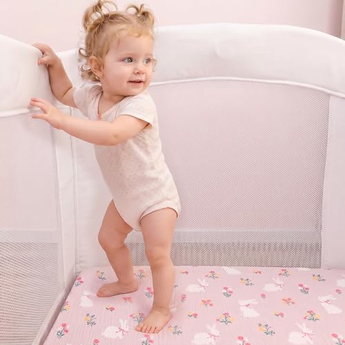 Image of david's kids Muslin Mini Crib Sheets, 2 Pack Cotton Pack N Play Sheets for Girls, Soft Breathable Baby Sheets Fit Pack N Play, Playard and Mini Crib Mattresses, Rabbit