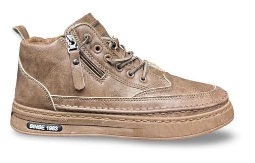 Image of High-Top Leather Sneakers, Lace-Up Casual Boots with Padded Collar, Herringbone Sole Pattern