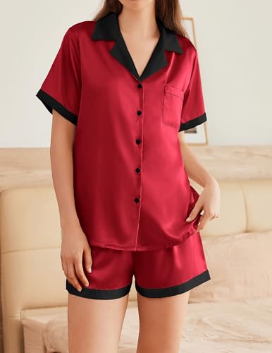 Image of Ekouaer Womens Silk Satin Pajama Set Short Sleeve PJs 2 Piece Button Down Top and Shorts Notch Collar Sleepwear Sets Soft Pjs