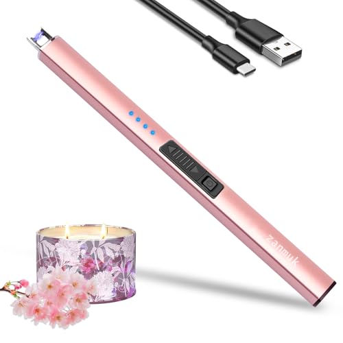 Zanmuk Electrique Allume Bougie USB Rechargeable Briquet Long Allume Bougie Electrique avec Indicateur LED Double Interrupteur De Sécurité (Or Rose)