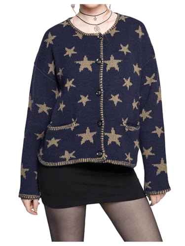 SOLY HUX Women's Star Print Cardigan Button Down Round Neck Long Sleeve Casual Sweater with Pockets
