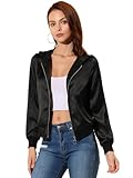 Allegra K Women's Casual Bomber Jacket Satin Zip Up Lightweight Hooded Windbreaker Outerwear Small Black