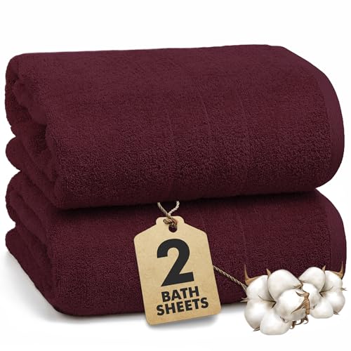 Novo Home Bath Sheets 550 GSM Extra Large Bathroom Sheet Set Pack of 2 Jumbo Towels Burgundy (71x35in) 100% Ring Spun Cotton Soft Quick Dry Large Bath Towels for Adults Hotel Spa Bathroom Use