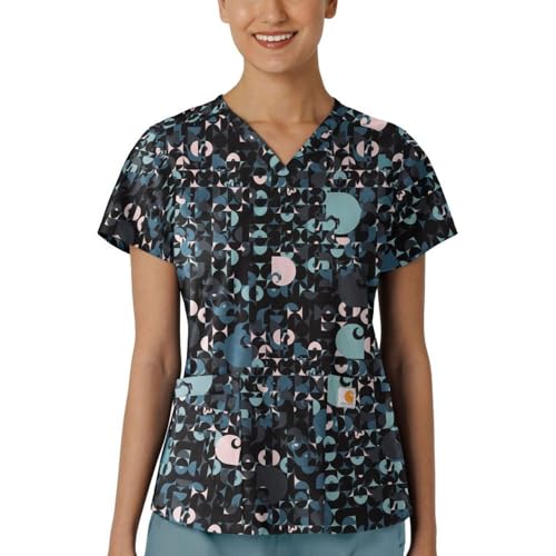 Carhartt Scrubs C13414 Women's Modern Fit V-Neck Print Scrub Top - Small Regular - Geo Logo Black
