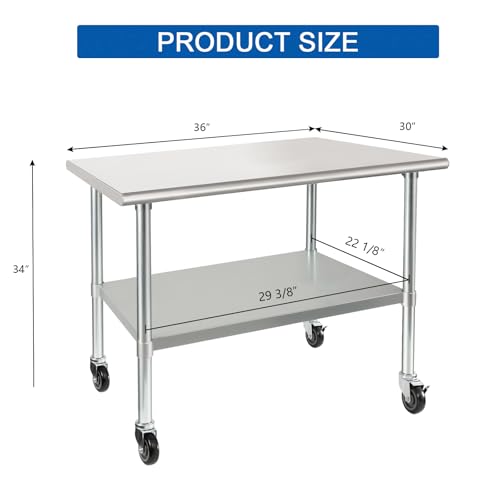 Image of HARDURA Stainless Steel Table with Wheels 30 x 36 Inches Casters NSF Heavy Duty Commercial Prep Table with Undershelf and Galvanized Legs for Food Prep