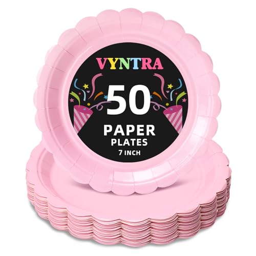 Vyntra Pink 7 Inch Scalloped Paper Plates 50 Count Heavy Duty Microwave Safe Disposable Dessert Plates for Baby Shower Girl Dessert Cake