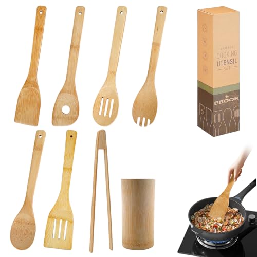 Kit 8 Utensílios de Cozinha de Bambu, Ferramentas de Espátula Ant...