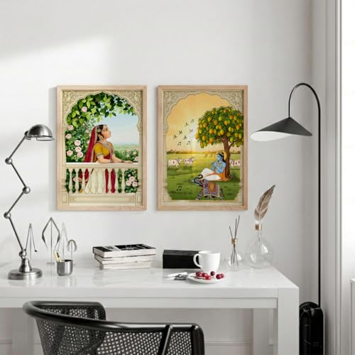 Image of TheMakerly Traditional Indian Wall Painting Set of 2 | Radha Krishna Wall Art Frames | Vintage Religious Wall Decor for Living Room Bedroom Home Temple (KR02, 13x19 inches)