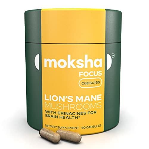 Focus with Moksha Lionâ€™s Mane, Organic Mushroom Extract, Erinacines for Brain Health, 30% Polysaccharides for Focus, Clarity and Concentration, Piperine for Absorption, 60 Vegan caps/30 Servings