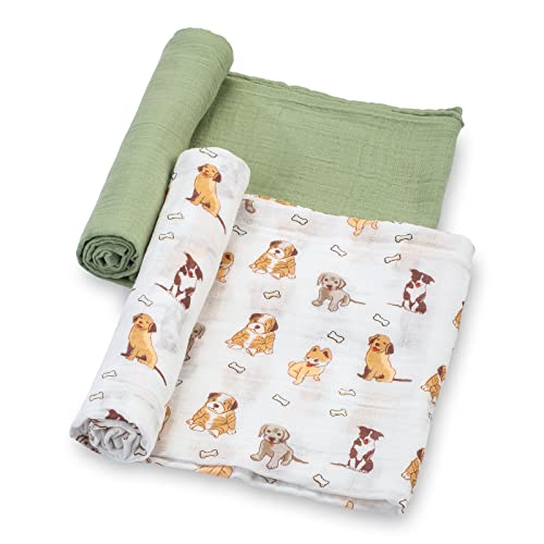 Image of LollyBanks Baby Swaddle Blanket, 100% Cotton Muslin Swaddle Blankets for Boys and Girls, Large 47 x 47 Inches Newborn Swaddle, Soft and Breathable Baby Blanket, Registry (Puppies and Green 2 Pack)