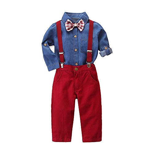 Buy Hopscotch Baby Boys Poly Cotton Solid Applique Bow Full Sleeves Shirt and Suspender Pant Set