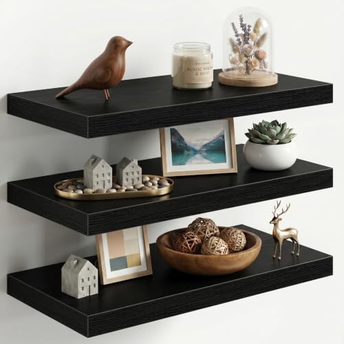 Image of Fun Memories 24 Inch Floating Shelves for Wall, 12 inch Deep Extra Thick Wood Shelves with Invisible Bracket, Large Wall Mounted Storage Shelf for Living Room Bedroom Kitchen, Black, Set of 3
