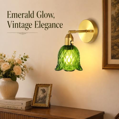 Image of Vintage Gold Wall Sconces - Hardwired Wall Mounted Light Fixtures with Clear Green Tulip Glass Lampshade, 2 Usage Methods Wall Light fixtures for Bathroom Mirror Living Room Hallway Bedroom Wall Decor