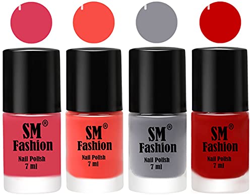 Image of Nail Polish Combo Set (Pack of 4) Quick Dry Gel Finish Nail Paint | Rose,Coral,Gray,Orange | 7 ml Each