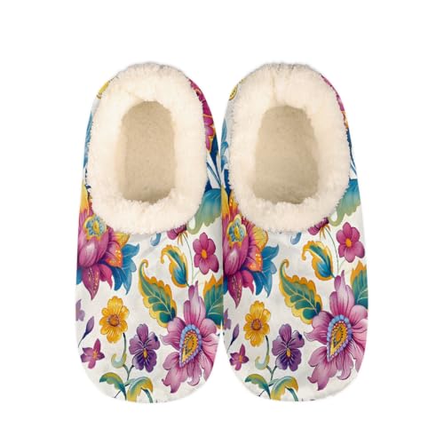 Ethnic Colorful Flowers Floral Slippers for Women Slipper Socks Soft Fuzzy House Slippers Shoes for Indoor Bedroom, Winter Cozy Christmas Gifts