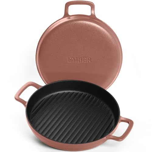Image of Ember Cookware Pre-Seasoned Cast Iron Grill Pan 26 cm | 10-Year Warranty | Heavy Duty Induction Cookware | Cast Iron Cookware | Non-Toxic Tandoor Grill Pan for Kebab, Vegetables & Sandwich |Terracotta