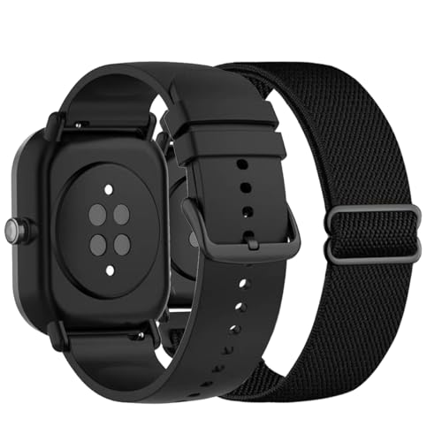 CUNUJIX 2 Pack Watch Bands Compatible with Amazfit Active 2/GTR Mini/GTS 4 Mini/GTS 4/GTS 3/GTS 2 Mini/GTS 2e/GTS 2/GTS Silicone & Stretchy Nylon Elastic Strap for Amazfit Bip 3 Pro/Bip U Pro