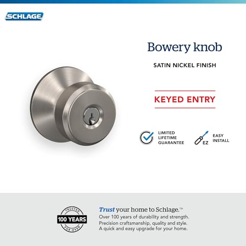 Image of SCHLAGE F51A BWE 619 Bowery Knob Keyed Entry Lock, Satin Nickel