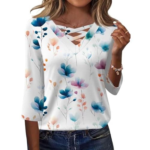 Rapbin Women Blouses Dressy Casual Spring Tops 3/4 Length Sleeve Womens T Shirts V Neck Criss Cross Tees White Floral XX-Large