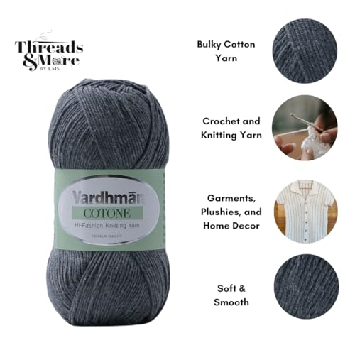 Image of Threads & More Cotone DK Weight Yarn - 51% Cotton 49% Acrylic Blend - 100g Ball 250m Length - Perfect for Knitting Crochet Amigurumi (Dark Grey)