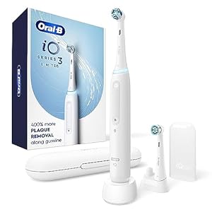 Oral-B iO Deep Clean Rechargeable Electric Powered Toothbrush, White with iO Series 3 Limited, 2 Brush Heads and Travel Case – Pressure Sensor to Protect Gums – 3 Cleaning Settings – 2 Minute Timer