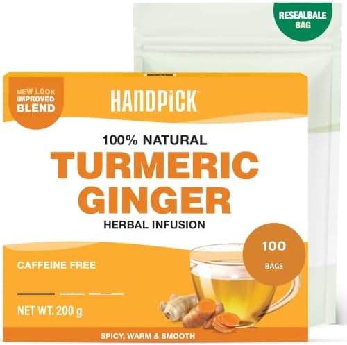 HANDPICK Kurkuma Ingwer Kräutertee | 100 Teebeutel Koffeinfrei | Kräutertee aus Kurkuma- und Ingwerwurzel, würziger Geschmack