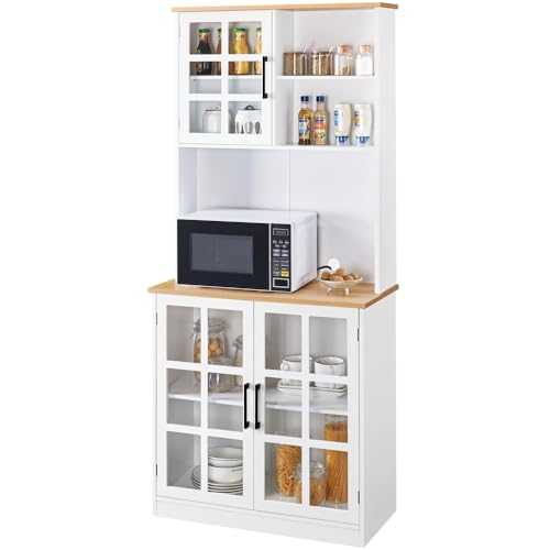 Yaheetech Alacena de Cocina Mueble Buffet Armario de Cocina Aparador de Almacenaje con Puertas de Vidrio, Estantes Ajustables 80 × 37 × 183 cm
