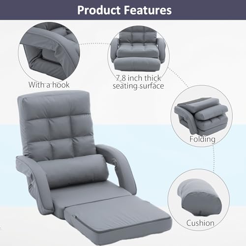 Image of Floor Chair for Adults with Back Support, 14-Position Adjustable Floor Sofa with Pillow & Armrests, Faux Leather Floor Lounger Chair for Gaming, Reading & Living Room (Grey)