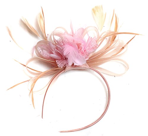 Tocado de pelo de plumas rosa y salmón nude para boda, Royal Ascot Races Ladies